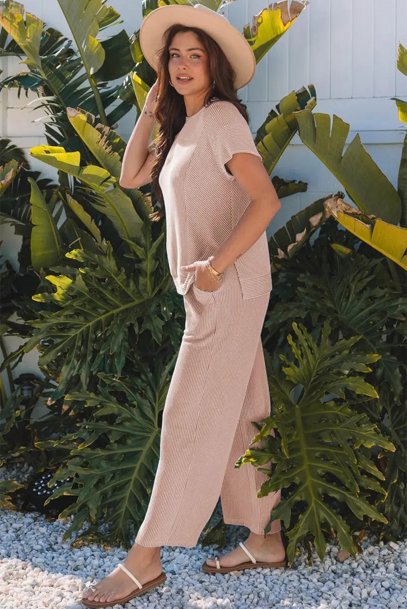 Smoke Gray Solid Corded Knit Short Sleeve T Shirt and Wide Leg Pants Set - Love Salve